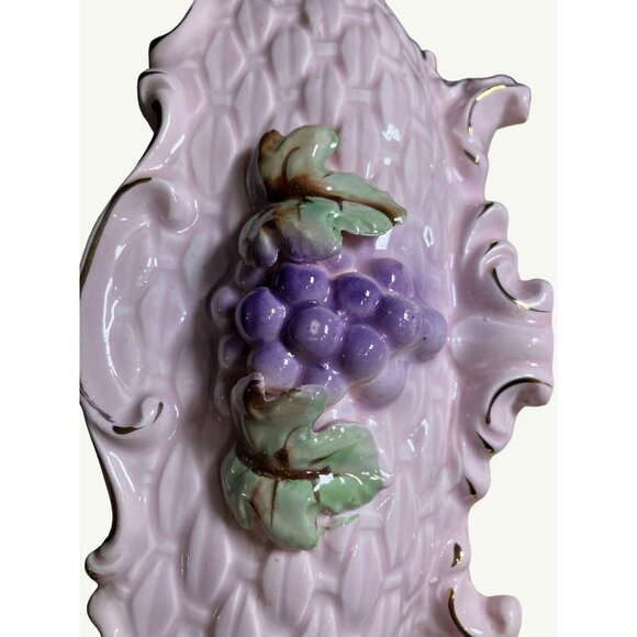 Vintage Pink Weaved Look Ceramic Planter With Grape & Leaf Design - Picture 13 of 13
